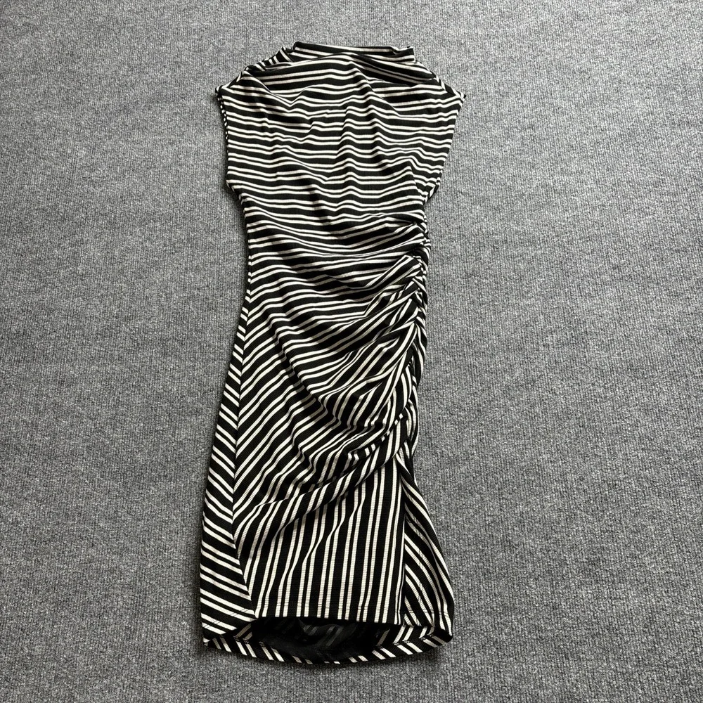 By Anthropologie Sleeveless Mock-Neck Rib Knit Bodycon Dress Black White XXS NWT